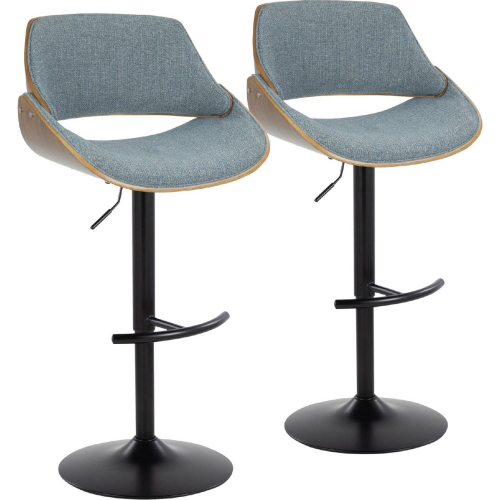 Fabrizzi Adjustable Bar Stool in Walnut Wood, Black Metal & Blue Fabric (Set of 2)